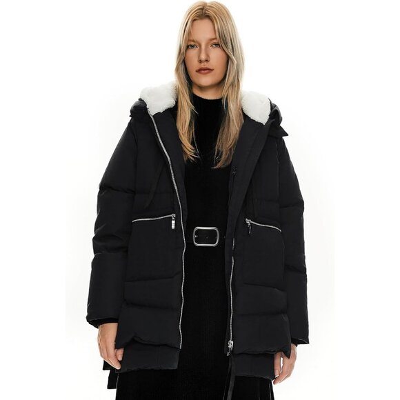 Women's Thickened Black Clothing Down Vest Jacket Warm Fleece Lined Hood Coat